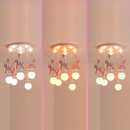 Modern Art Deco Kids Iron Resin Glass Round Base Ball Horse 1/3/5 Light Flush Mount Ceiling Light For Bedroom