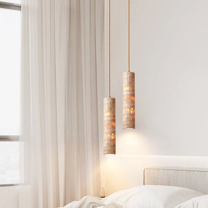 Modern Minimalist Cylindrical Natural Yellow Travertine 1-Light Pendant Light For Bedroom