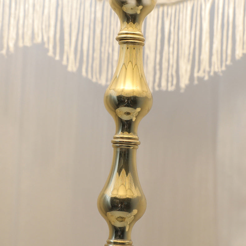 Traditional Vintage Copper Fabric Cylinder Fringed Trapezoid 1-Light Table Lamp For Bedroom