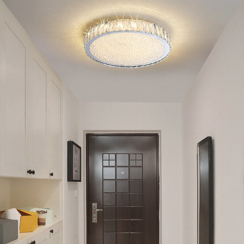 Modern Light Luxury Crystal Square Round Stainless Steel LED Flush Mount Ceiling Light