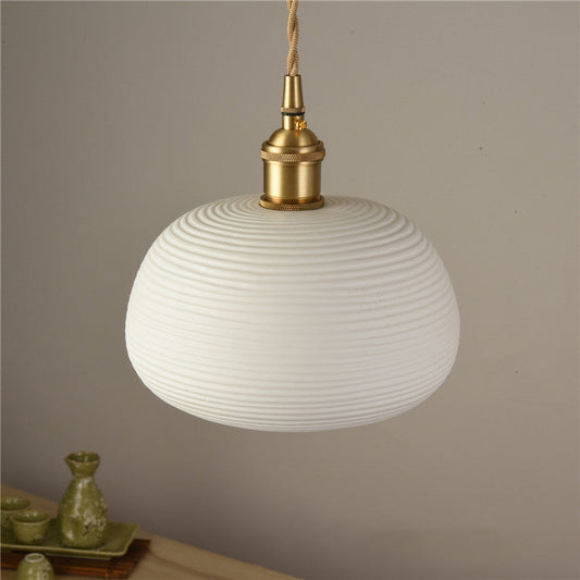 Contemporary Nordic Irregular Cylinder Stripe Ceramic Copper 1-Light Pendant Light For Living Room