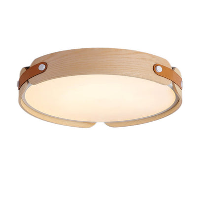 Modern Minimalist Solid Wood Round Leather Design LED Flush Mount Ceiling Light