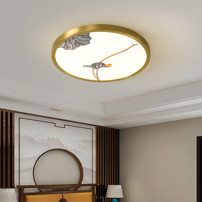 Traditional Chinese Copper Acrylic Round Lotus Bamboo Ginkgo Leaves LED Flush Mount Ceiling Light For Living Room