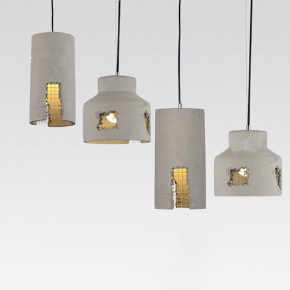 Contemporary Industrial Iron Cement Cylinder Skeletonized Split 1-Light Pendant Light For Dining Room