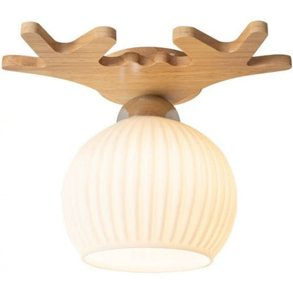Nordic Simple Solid Wood Antler Glass Dome 1-Light Semi-Flush Mount Ceiling Light