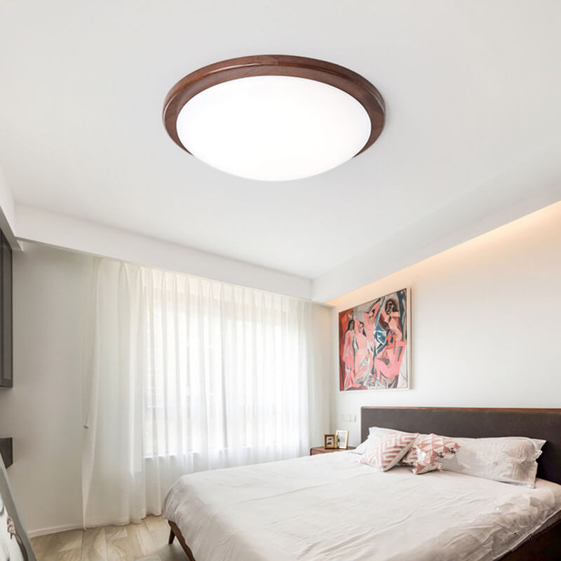 Modern Chinese Walnut Round LED Flush Mount Ceiling Light