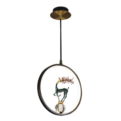 Modern Chinese Square Round Ring Plum Deer LED Pendant Light