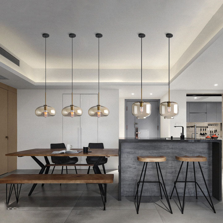 Nordic Minimalist Cognac Glass Round Geometric Jar 1-Light Pendant Light