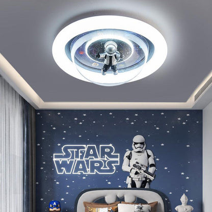 Contemporary Creative Cartoon Planet Resin Astronaut Acrylic Round Shade LED Kids Flush Mount Ceiling Light For Bedroom