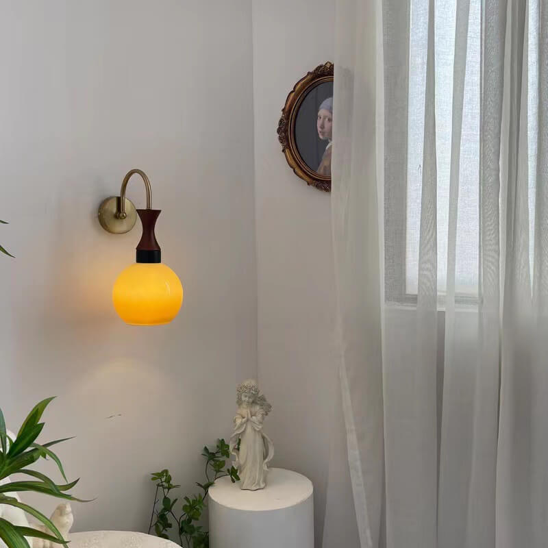 Retro Wooden Iron Lamp Arm Glass Ball 1-Light Wall Sconce Lamp