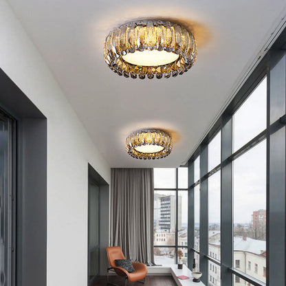 European Light Luxury Round Crystal Stainless Steel LED Flush Mount Lighting