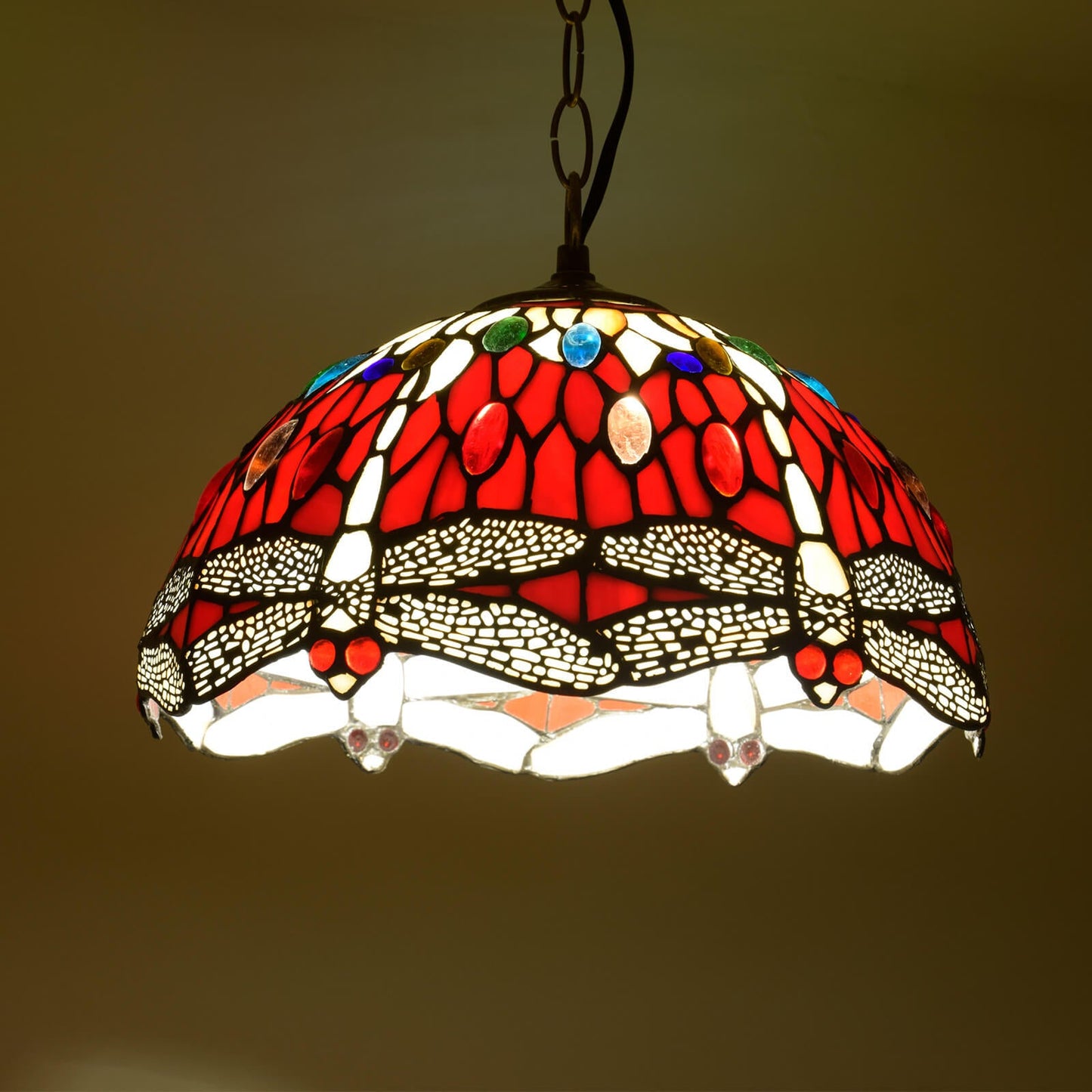 European Vintage Tiffany Red Dragonfly Iron Glass 1-Light Pendant Light