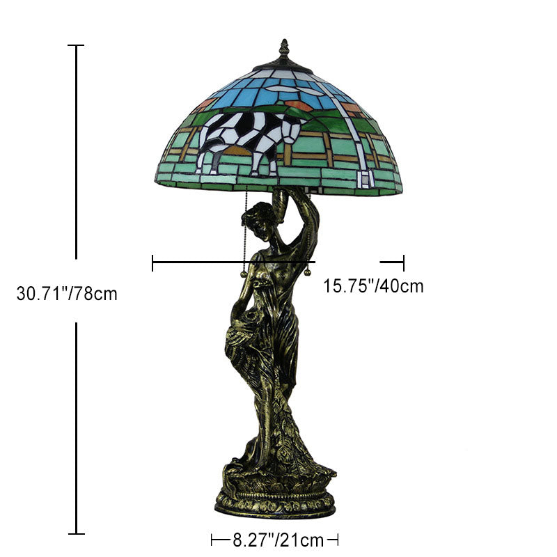 Traditional Tiffany Resin Glass Dome Grape Cow Diamond Pretty Woman Base 2-Light Table Lamp For Bedside