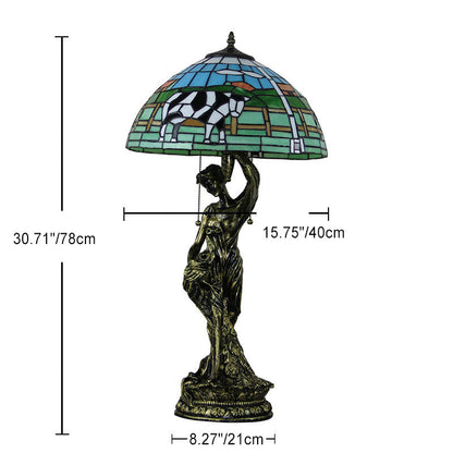 Traditional Tiffany Resin Glass Dome Grape Cow Diamond Pretty Woman Base 2-Light Table Lamp For Bedside