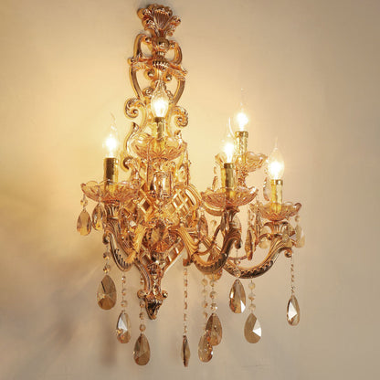 Traditional European Gold Candelabra Glass Crystal Hardware 5-Light Wall Sconce Lamp For Living Room