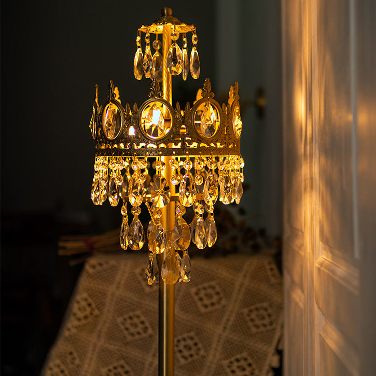 Traditional Luxury Copper Brass Crystal Crown Pendant 3-Light Standing Floor Lamp For Bedroom