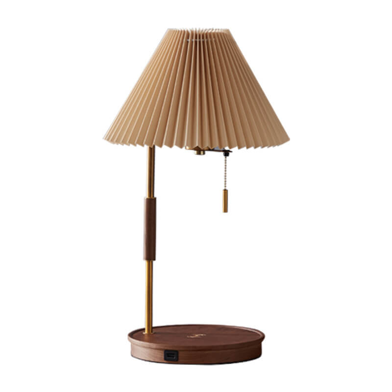 Modern Pleated Shade Walnut Wood Round Base 1-Light Table Lamp