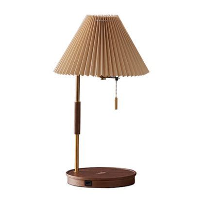 Modern Pleated Shade Walnut Wood Round Base 1-Light Table Lamp