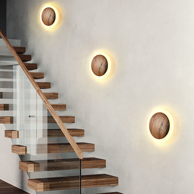 Traditional Japanese Black Walnut Round Shade LED Wall Sconce Lamp For Living Room