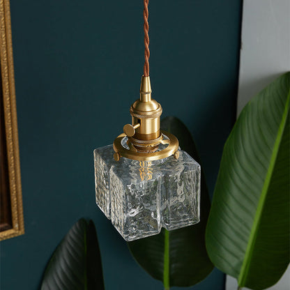 Contemporary Vintage Rectangular Square Draped Glass Brass 1-Light Pendant Light For Living Room