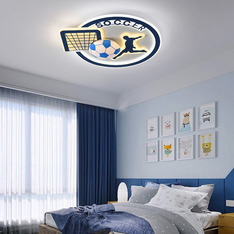 Contemporary Creative Kids Round Basketball Football Iron Acrylic LED Flush Mount Ceiling Light For Bedroom