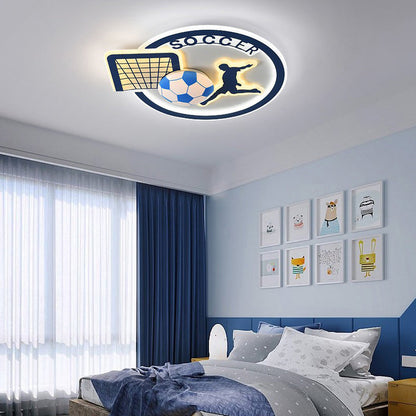 Contemporary Creative Kids Round Basketball Football Iron Acrylic LED Flush Mount Ceiling Light For Bedroom