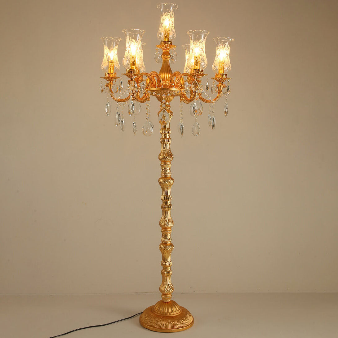 European Luxury Golden Crystal Zinc Alloy Candle Holder 7-Light Standing Floor Lamp