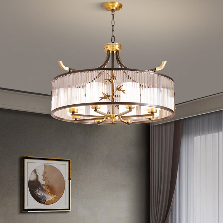 Traditional Chinese Copper Frame Ribbed Glass Cylinder Shade 4/6/8-Light Chandelier For Living Room