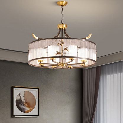 Traditional Chinese Copper Frame Ribbed Glass Cylinder Shade 4/6/8-Light Chandelier For Living Room