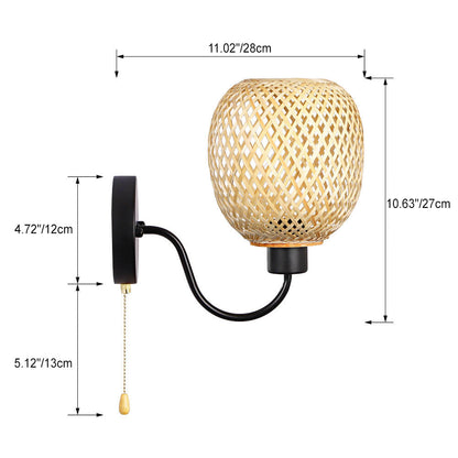 Traditional Chinese Iron Bamboo Woven Cage 1-Light Wall Sconce Lamp For Living Room