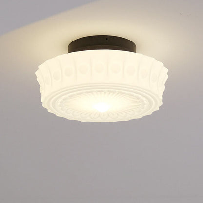 French Vintage White Jade Glass Stripes Round Drum LED Semi-Flush Mount Ceiling Light