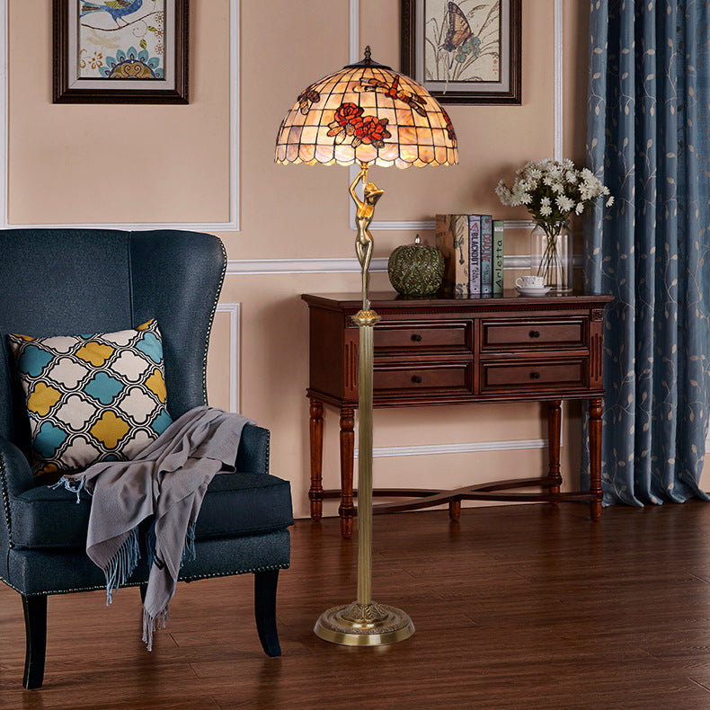 Traditional Tiffany Brass Shell Dome Rose Dragonfly 3-Light Standing Floor Lamp For Living Room