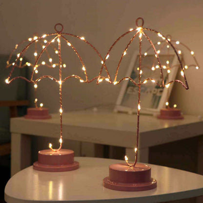 Creative Umbrella Pink Iron LED Decorative Battery USB Night Light Table Lamp
