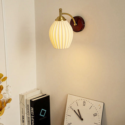 Traditional French Vintage Ceramic Glass Flower Shade Wood Base 1-Light Wall Sconce For Living Room