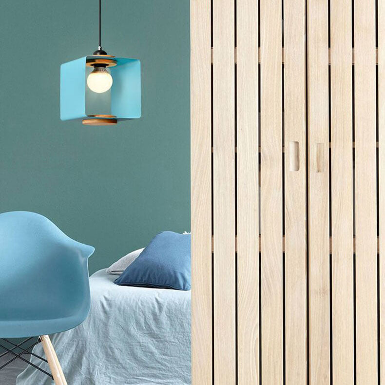 Nordic Creative Iron Solid Wood Square Geometry 1-Light Pendant Light