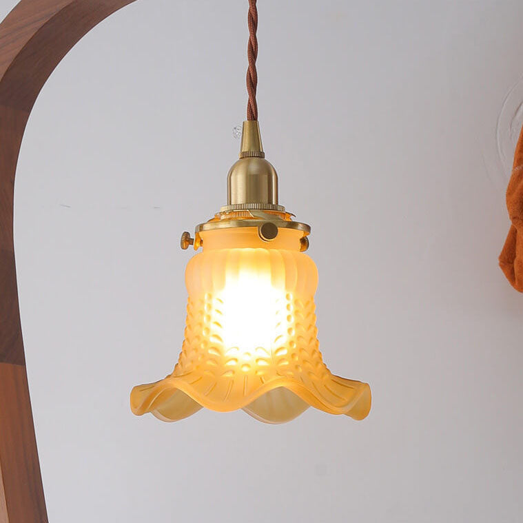 Japanese Minimalist Walnut Floral Glass Shade1-Light Table Lamp