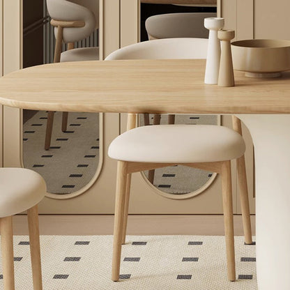 Traditional Japanese Elliptical Ash Wood Oaken Faux Leather Dining Table & Chair Set For 4/6 Seats