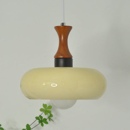 Traditional Vintage Wood Glass Round 1-Light Pendant Light For Dining Room