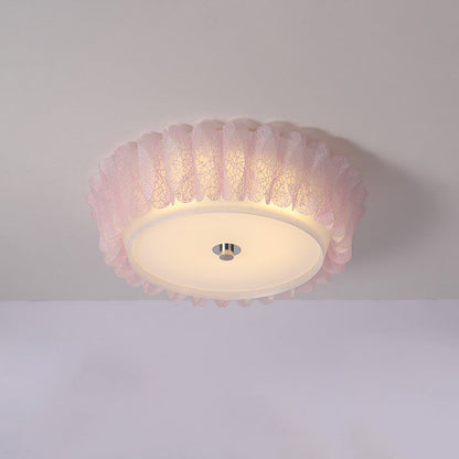 Contemporary Nordic Iron Acrylic Round Pleat Lace LED Flush Mount Ceiling Light For Bedroom