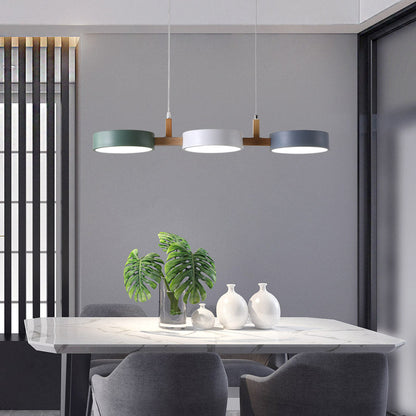 ثريا جزيرة LED معاصرة من الخشب الصلب مصنوعة من الأكريليك والمعدن بتصميم دائري على طراز الماكارون الإسكندنافي لغرفة الطعام 