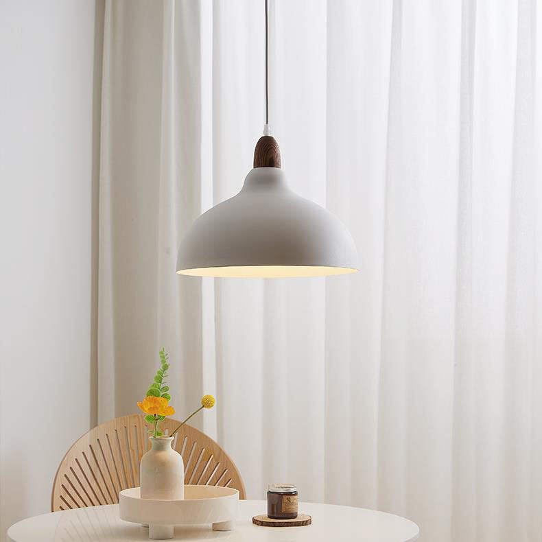 Japanese Simple Solid Wood Dome Round Hardware 1-Light Pendant Light