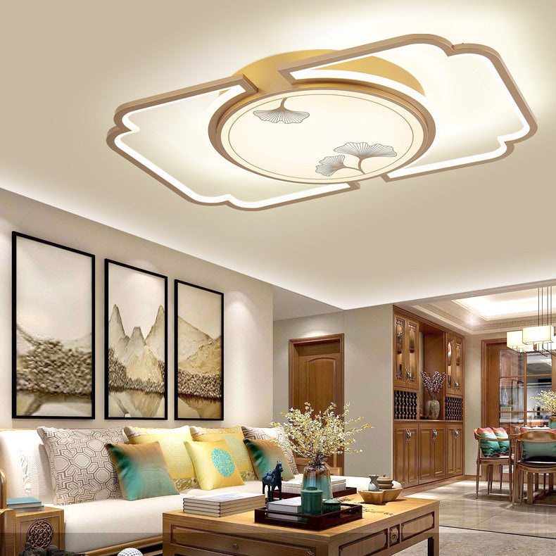 Traditioanl Chinese Iron Aluminum Acrylic Round Rectangular Square Ginkgo Leaf LED Semi-Flush Mount Ceiling Light For Living Room