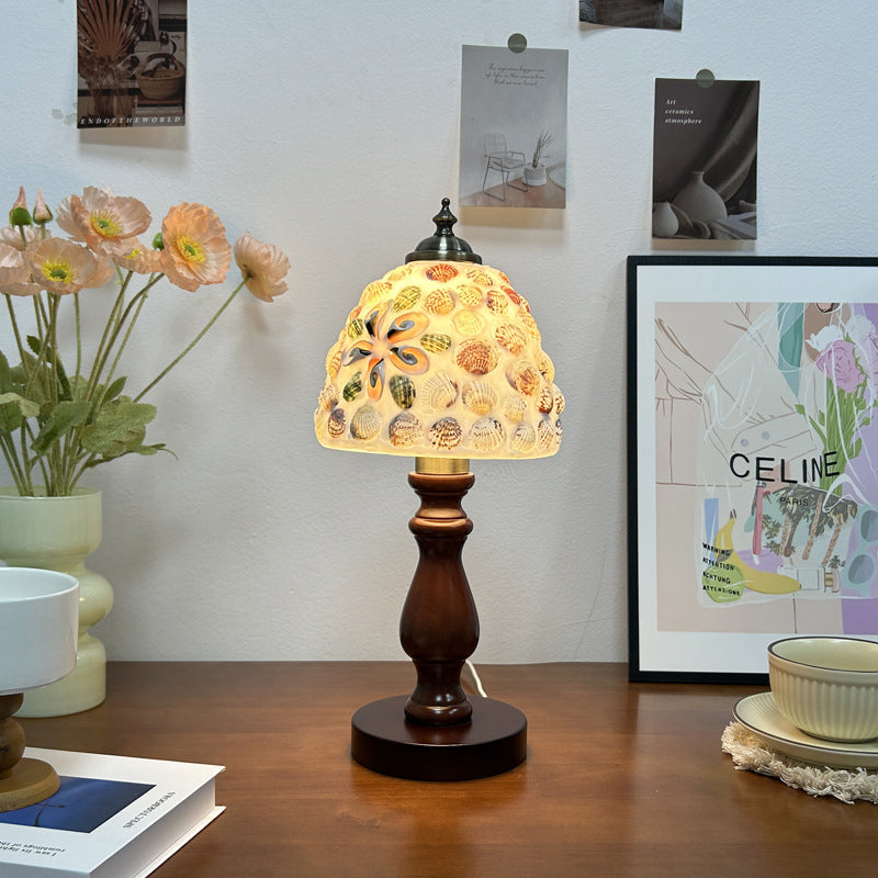 Traditional Vintage Wood Glass Hemispheroid Shell Lozenge 1-Light Table Lamp For Bedside