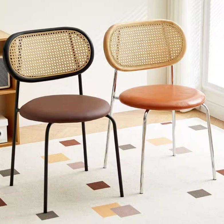 Contemporary Vintage Round Rectangular Solid Wood Metal Genuine Leather Dining Chair Backrest For Dining Room