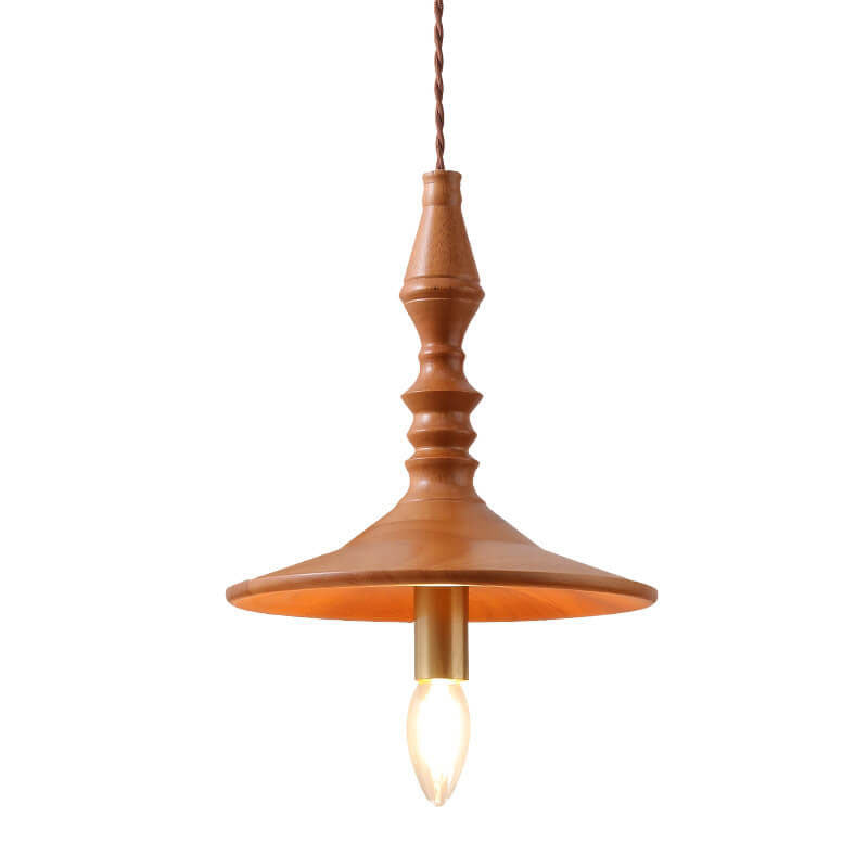 Japanese Vintage Brass Solid Wood Candlesticks Cone Plate 1-Light Pendant Light