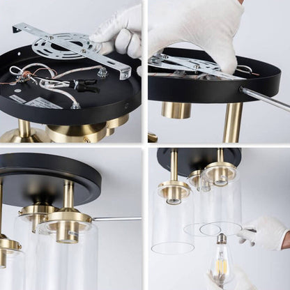 Industrial Glass Spherical / Long Barrel Design 3-Light Semi-Flush Mount Light