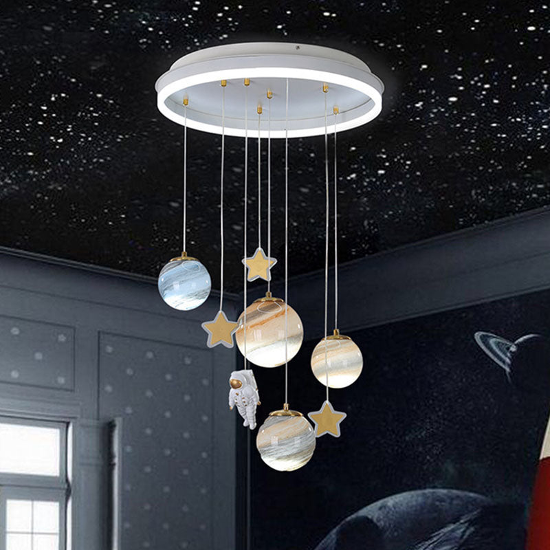 Contemporary Scandinavian Space Planet Acrylic Glass Round Shade LED Kids Flush Mount Ceiling Light For Bedroom