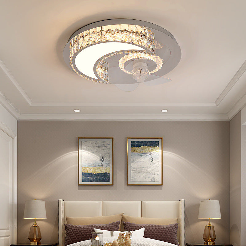 Modern Luxury Crystal Stainless Steel LED Flush Mount Ceiling Fan Light
