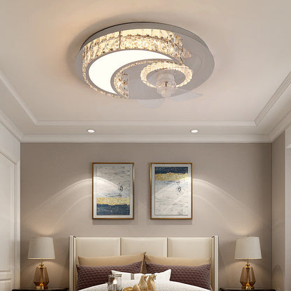 Modern Luxury Crystal Stainless Steel LED Flush Mount Ceiling Fan Light