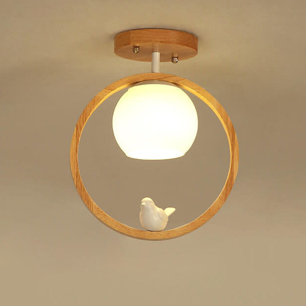 Modern Japanese Minimalist Log Bird Round 1-Light Semi-Flush Mount Ceiling Light